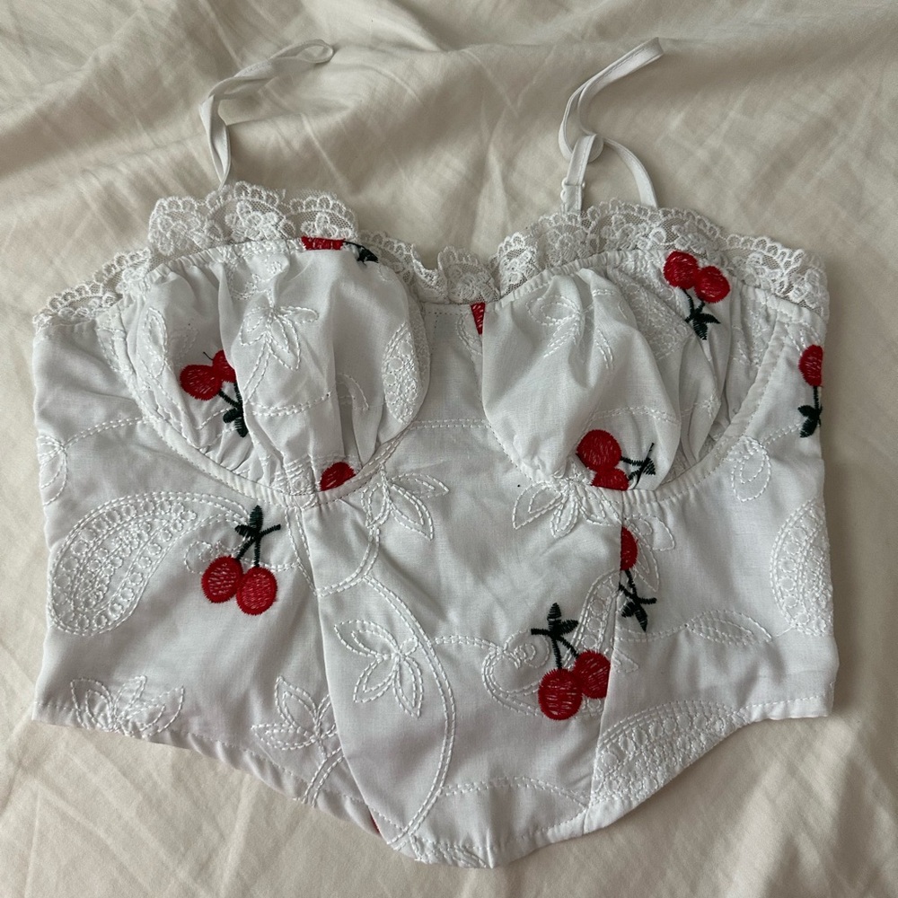 SHEIN White Smocked Bustier Top with Red Accent